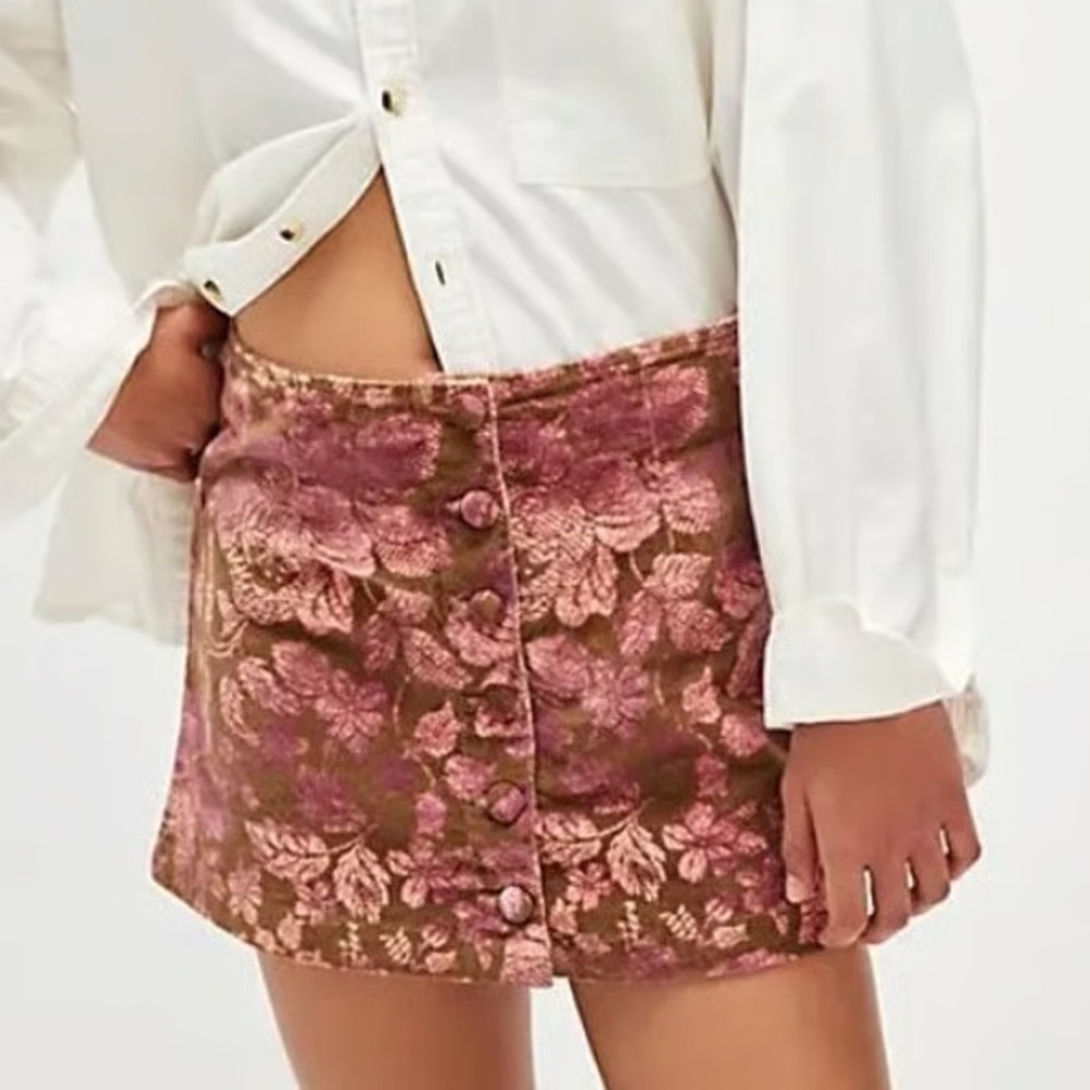 Free People Women 10 Tobacco Brocade Velvet After Party Printed Mini Skirt NWOT